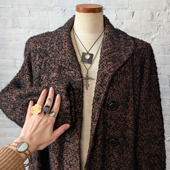 Vintage Black Rusty Fuzzy Wool Trench Coat Preppy Knit Boucle Boho Breezy Jacket - Picture 7 of 12
